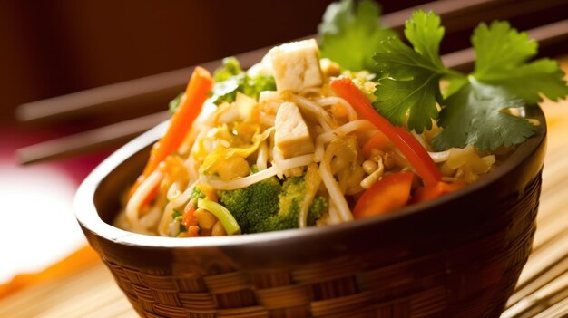 A bowl of noodles with vegetables and tofu