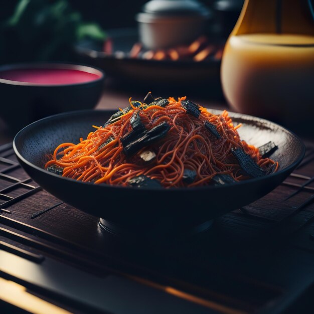 Foto una ciotola di noodles con la scritta 