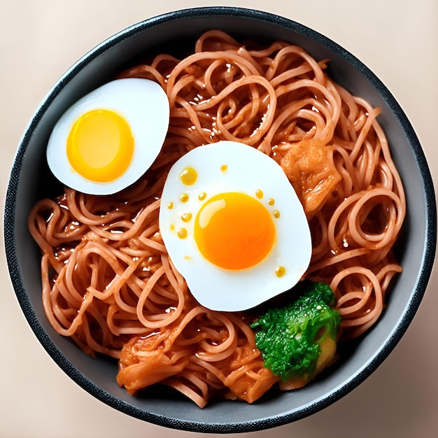 A bowl of noodles with a yolk on top of it