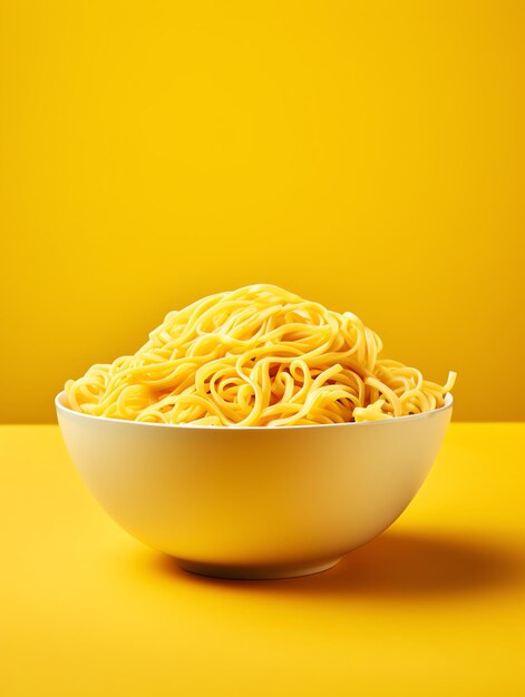 A bowl of noodles on a yellow surface