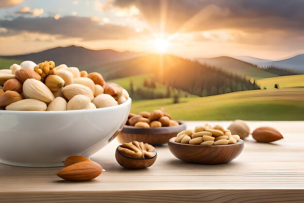 a bowl of nuts and almonds are on a table in front of a sunset sky.