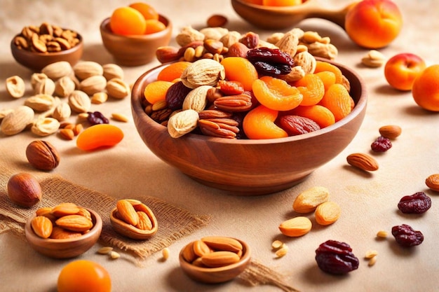 Photo a bowl of nuts and almonds are on a table