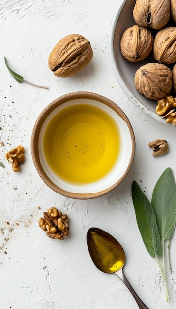 a bowl of nuts and a bowl of olive oil with a few leaves