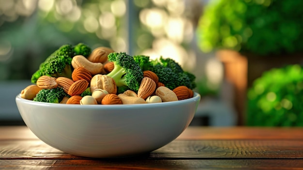 Bowl of Nuts and Broccoli on Table