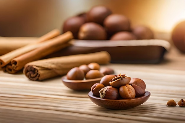 A bowl of nuts and cinnamon sticks are on a wooden table.