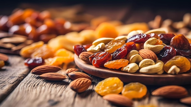 A bowl of nuts and dried fruits on a wooden table