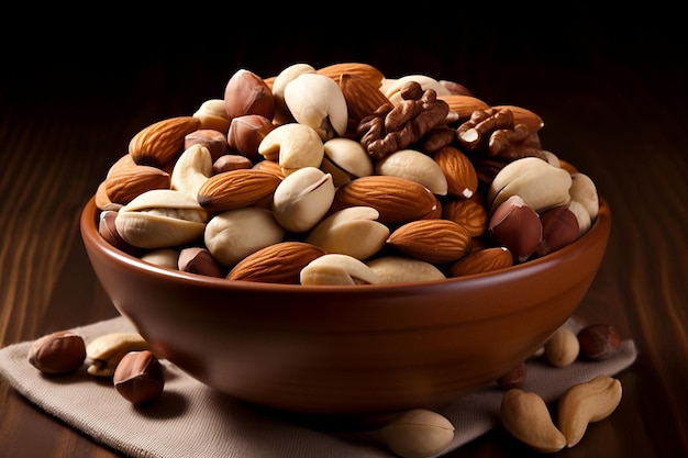 A bowl of nuts is shown on a table.