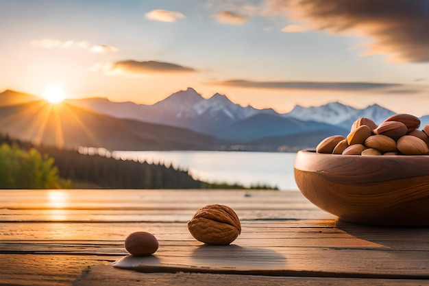 a bowl of nuts and a mountain lake in the background