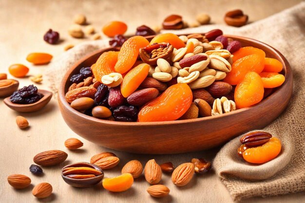 a bowl of nuts and seeds with a wooden background