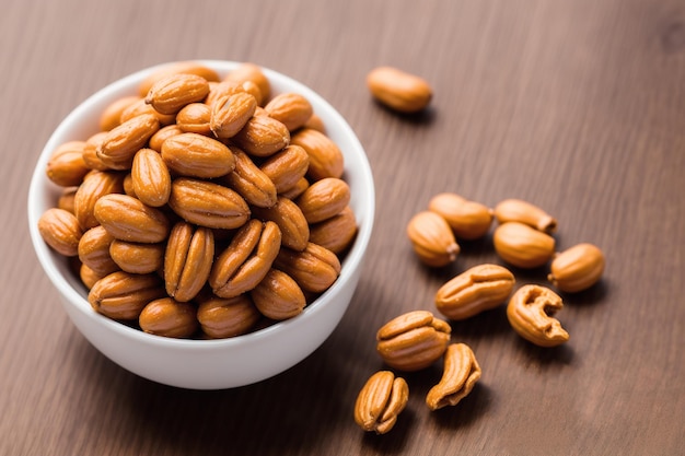 A bowl of nuts sits next to a bowl of almonds.