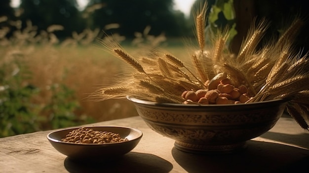 A bowl of nuts sits on a table in front of a field of wheat.