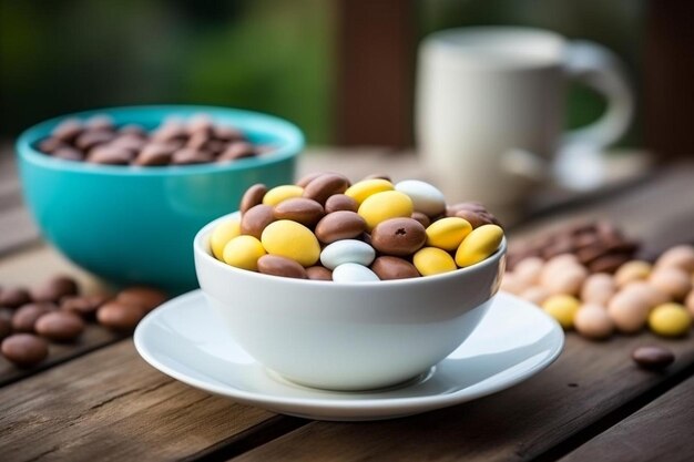 Photo a bowl of nuts sits on a table with a bowl of nuts