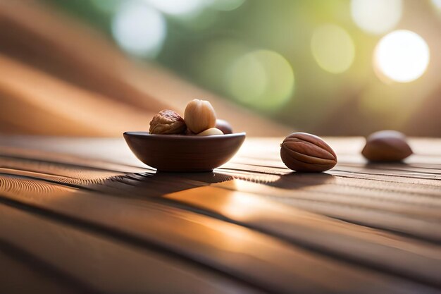 a bowl of nuts sits on a wooden table with a few nuts in the background.