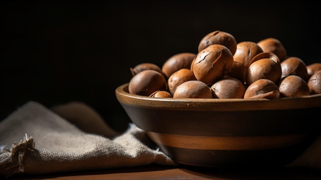 a bowl of nuts on a table with a cloth