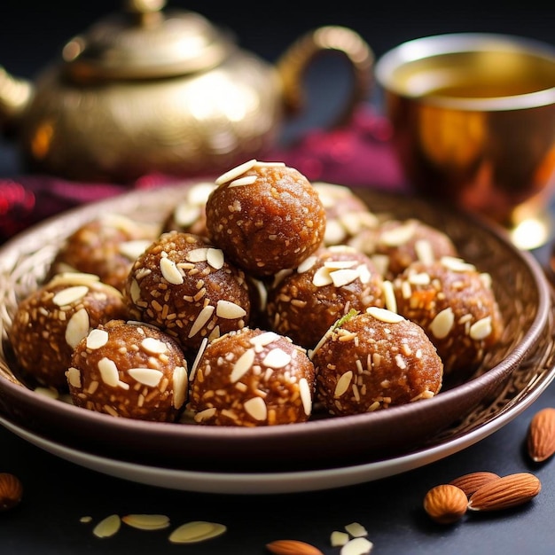 a bowl of nuts and a teapot with a gold teapot in the background.