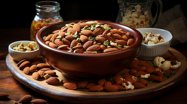 a bowl of nuts with a bowl of almonds on the table.