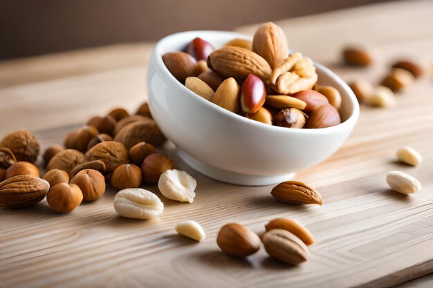 a bowl of nuts with a bowl of nuts on the table.