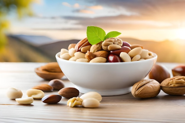 a bowl of nuts with a green leaf on the background of the sunset.
