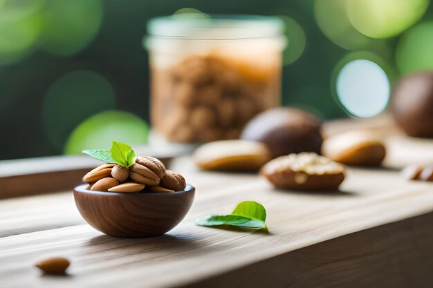 A bowl of nuts with leaves on a table and a jar of almonds