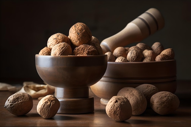 A bowl of nuts with a rolling pin next to it