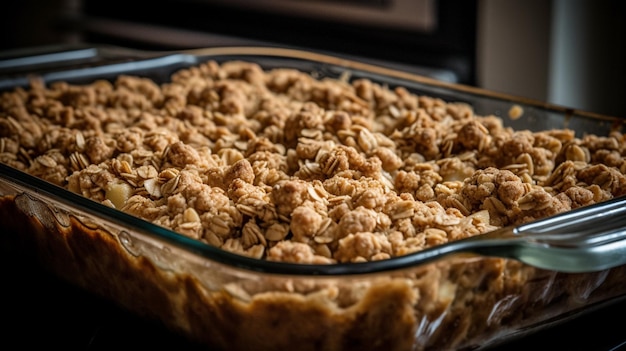 A bowl of oatmeal and oatmeal pie sits on a counter.