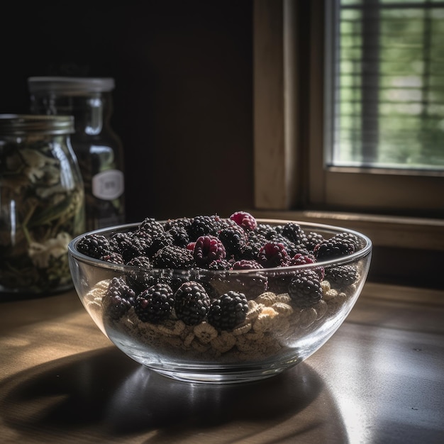 A bowl of oatmeal and some other food are on a table.