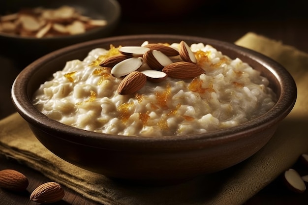 A bowl of oatmeal with almonds and almonds