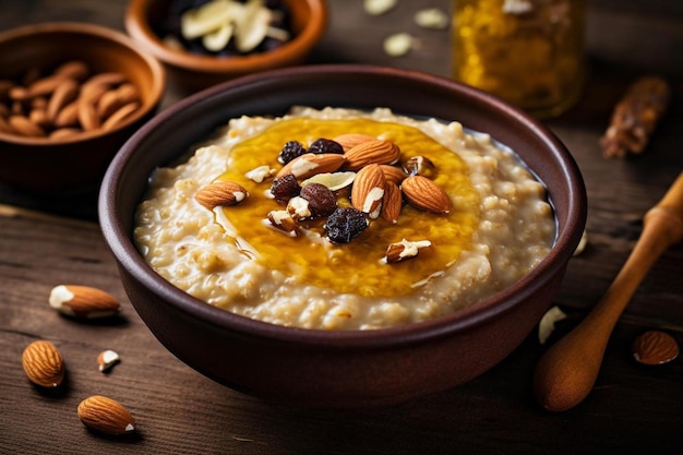 a bowl of oatmeal with almonds and raisins on the side.