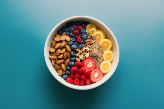 A bowl of oatmeal with berries and almonds