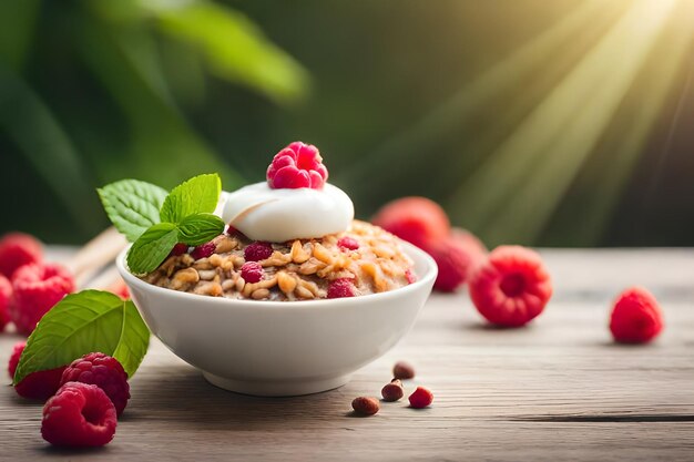 A bowl of oatmeal with berries and berries on a wooden table