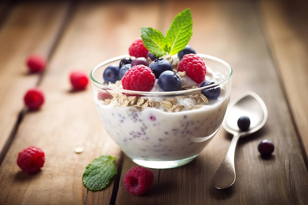 A bowl of oatmeal with berries and granola on a wooden table