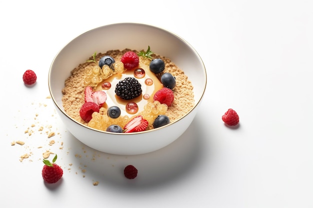 A bowl of oatmeal with berries and granola.