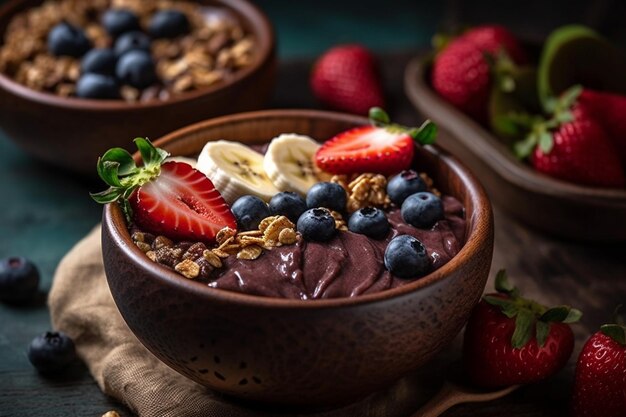 A bowl of oatmeal with berries and granola