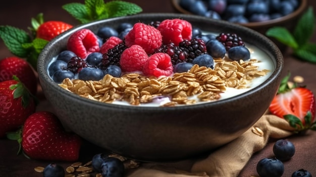 A bowl of oatmeal with berries and granola