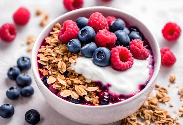 a bowl of oatmeal with berries and milk