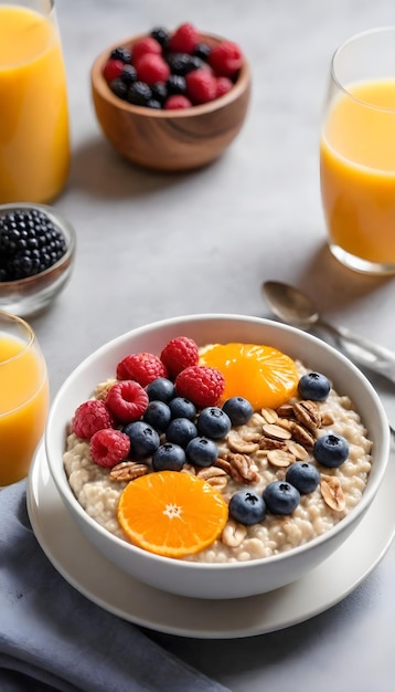 Photo a bowl of oatmeal with berries and milk