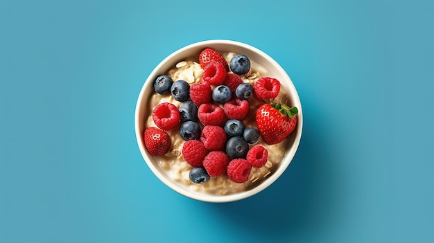 A bowl of oatmeal with berries and milk