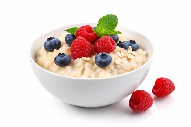 a bowl of oatmeal with berries and mint leaves