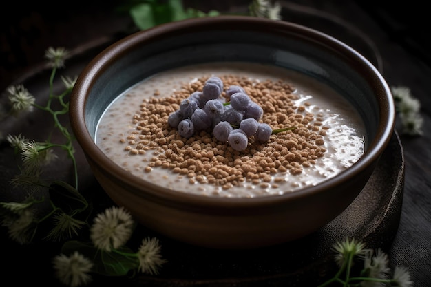 Photo a bowl of oatmeal with blueberries on top