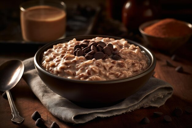 A bowl of oatmeal with chocolate chips on top