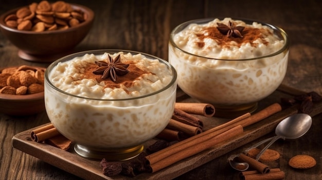 A bowl of oatmeal with cinnamon sticks on top