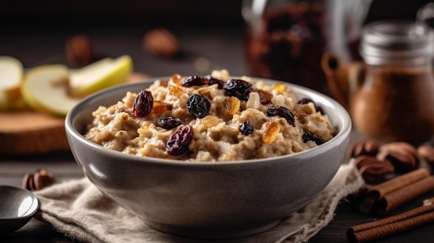 A bowl of oatmeal with dried fruit on top