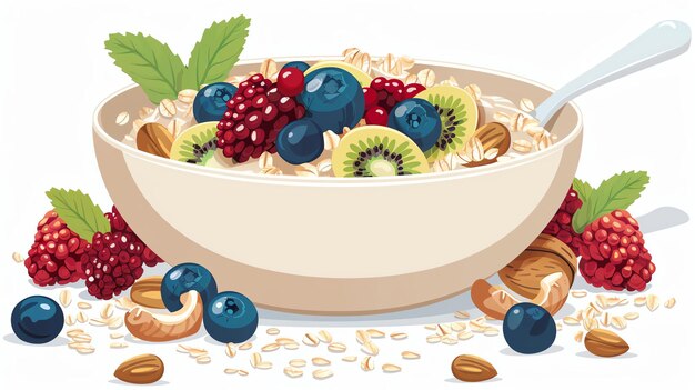 Photo a bowl of oatmeal with fresh berries and nuts the bowl is white and the oatmeal is topped with blueberries raspberries almonds and kiwi