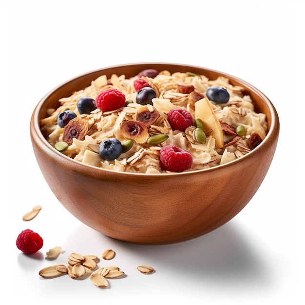 Photo a bowl of oatmeal with fruit and nuts sits on a white surface.