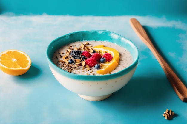 A bowl of oatmeal with fruit on the side.