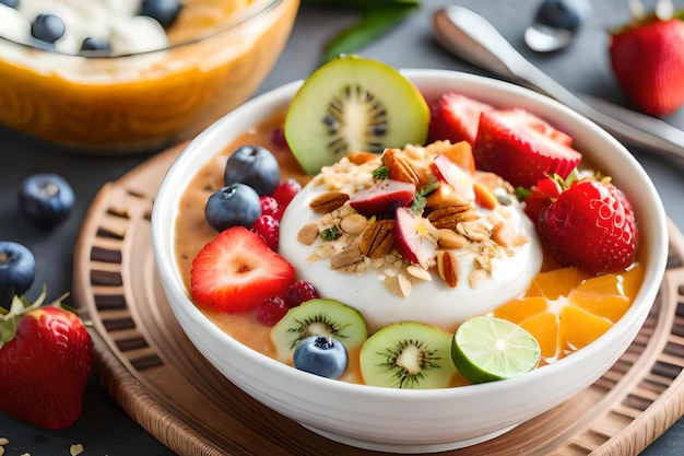 A bowl of oatmeal with fruit and yogurt