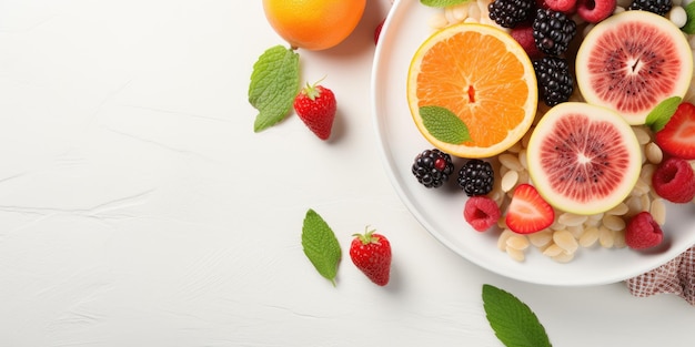 Bowl of oatmeal with fruits on white background top view healthy breakfast Generative AI