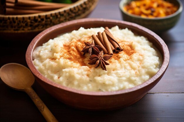 Foto una ciotola di farina d'avena con accanto un cucchiaio di legno.