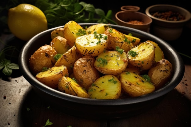 Фото Миска запеченного греческого картофеля с лимоном и ароматами средиземноморской кухни идеально подходит для вегетарианцев