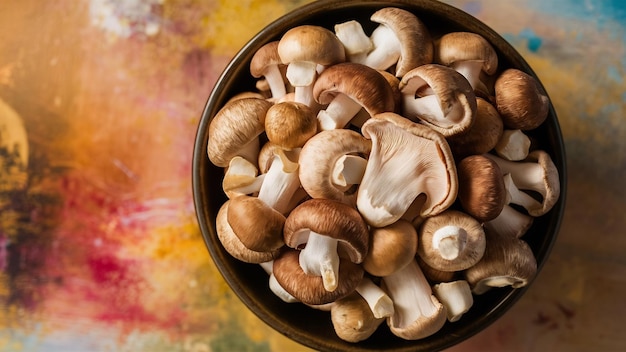 Фото Чаша вкусных органических устричных грибов на красочном фоне